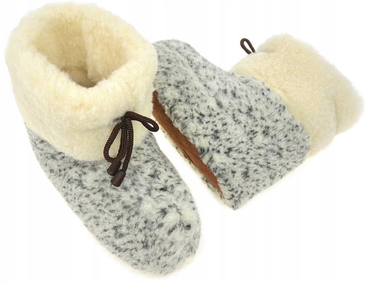 Wollen Sloffen - Winter Pantoffels Voetenwarmers 100% ECHT Lamswol en Leer - MAAT 40 - Leren Zooltjes – Veters - Handgemaakte Slofjes - Kleur Gemêleerd Grijs-Crème