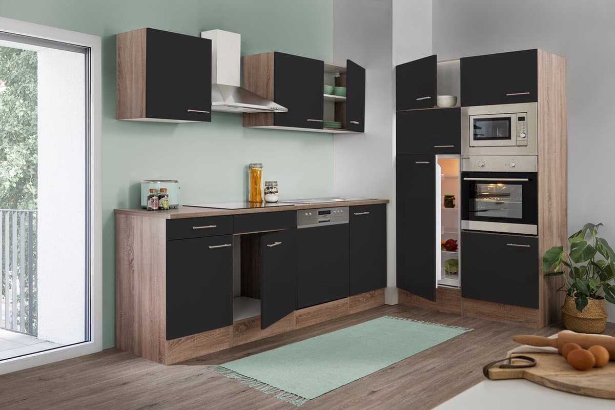 Goedkope keuken 340  cm - complete keuken met apparatuur Oliver  - Donker eiken/Zwart   - keramische kookplaat - vaatwasser - afzuigkap - oven - magnetron  - spoelbak