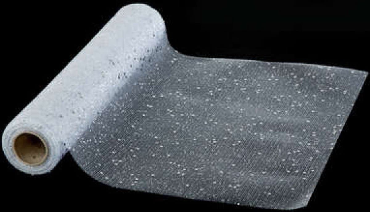 tafelloper glitter basis van wit gaas + zilveren glitter 500 x 28 cm
