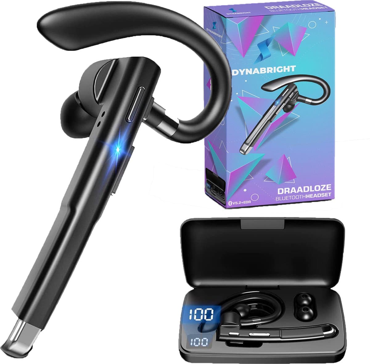 Dynabright Draadloze Headset – Noise Canceling - Handsfree bellen – Incl Oplaadkoffer - Bluetooth Headset met Microfoon - Oortjes draadloos met microfoon