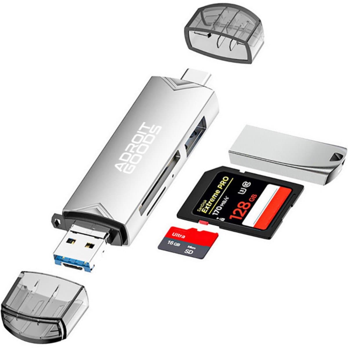 AdroitGoods SD Kaart Lezer - USB Stick - SD Kaart Lezer USB C - Card Reader - Micro USB - Geheugenkaartlezer - Micro SD Adapter - Silver