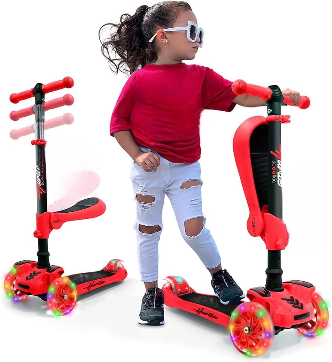 Hurtle Kinderstep - 3 Lichtgevende LED Wielen - Opvouwbare Scooter met Verstelbare Hoogte, Antislip Platform - Rood