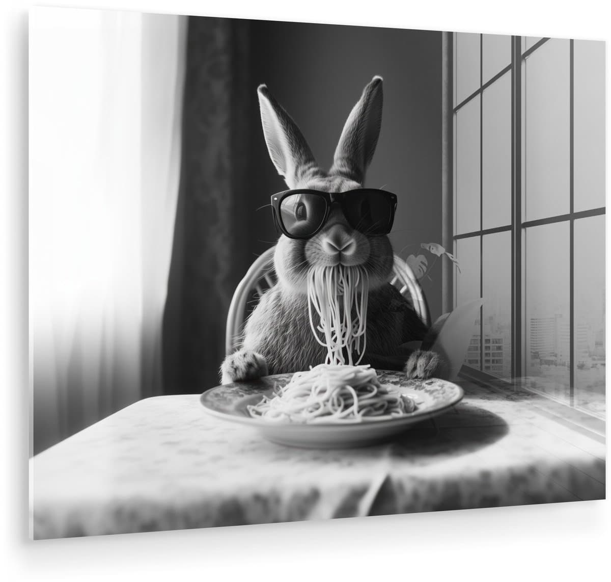 MuchoWow® Glasschilderij 80x60 cm - Schilderij acrylglas - Konijn - Bunny - Zonnebril - Tafelkleed - Pasta - Schattig - Foto op glas - Muurdecoratie woonkamer - Wanddecoratie slaapkamer - Schilderijen