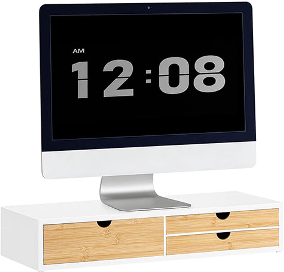 Monitor Stand Riser - Screen Elevation - Desk Organizer - Space -Saving - 3 Lades - MDF & Bamboo - 60x11x22cm