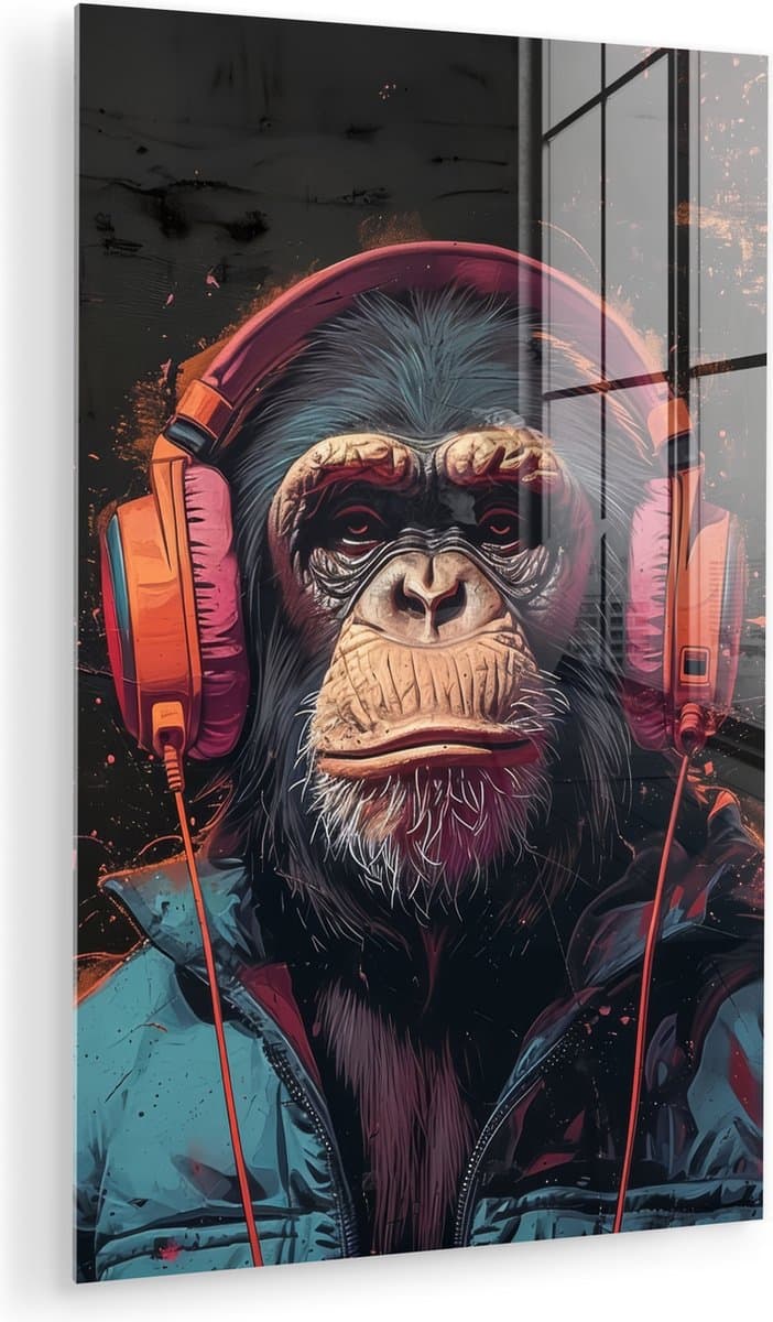 MuchoWow® Glasschilderij 20x30 cm - Schilderij acrylglas - Graffiti - Chimpansee - Koptelefoon - Aap - Foto op glas - Muurdecoratie woonkamer - Wanddecoratie slaapkamer - Schilderijen