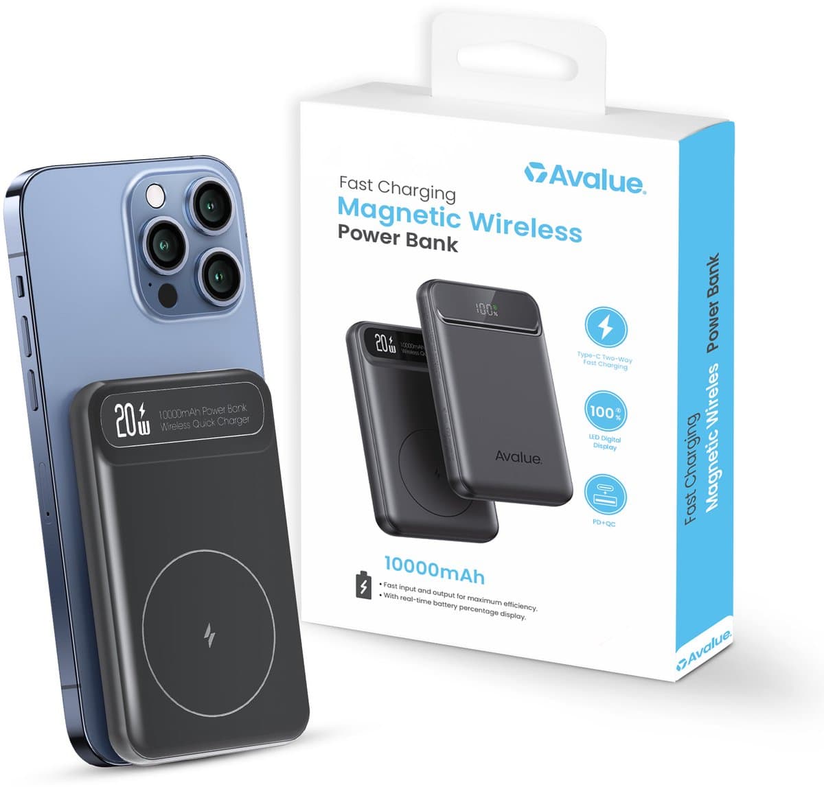 Avalue Draadloze Powerbank - 10,000 mAh Magsafe Powerbank - 20W Snellader & LED-display - Powerbank iPhone voor 12/13/14/15/16