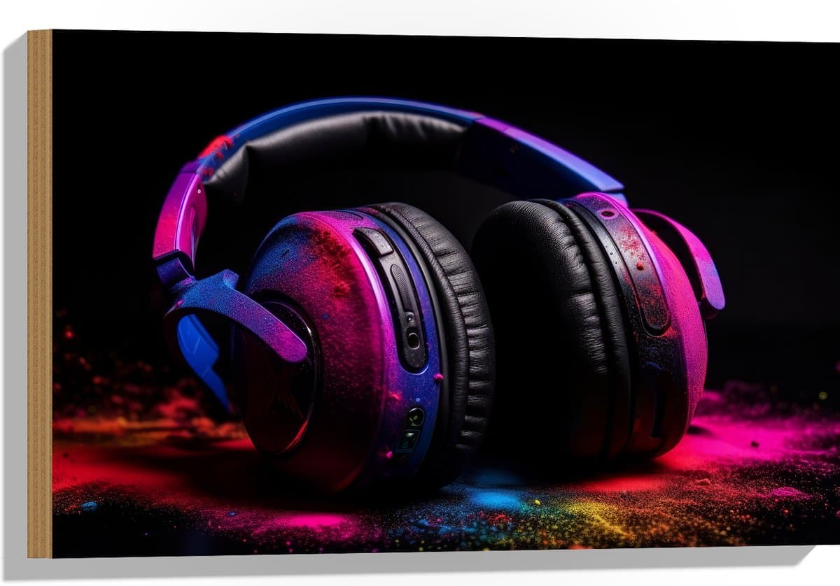 Hout - Zwarte Koptelefoon Bedolven onder Neon Kleurig Poeder - 60x40 cm - 9 mm dik - Foto op Hout (Met Ophangsysteem)