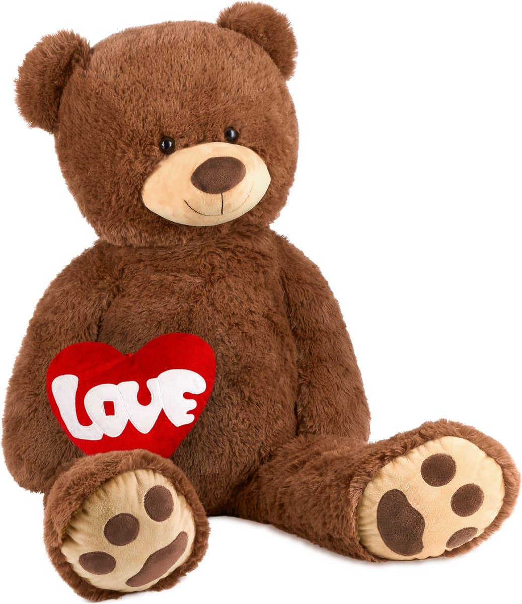 BRUBAKER - XXL Teddybeer 100 cm Bruin met een Love Hartje Knuffel Pluche Knuffeldier - Cadeau - Valentijn