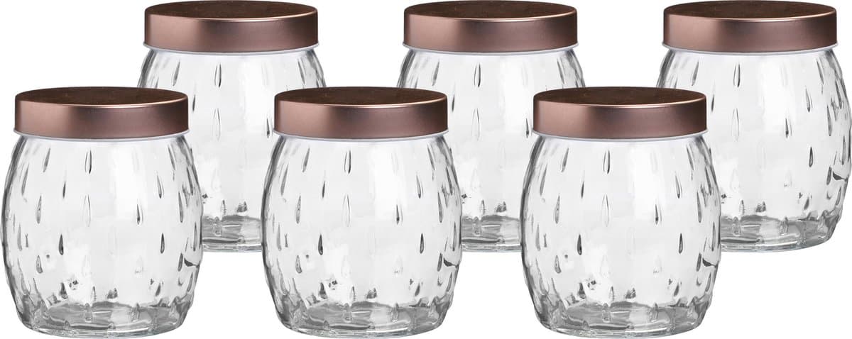 Voorraadpot/bewaarpot Beau - 6x - 1.2L - glas - koperen deksel - D13 x H15 cm