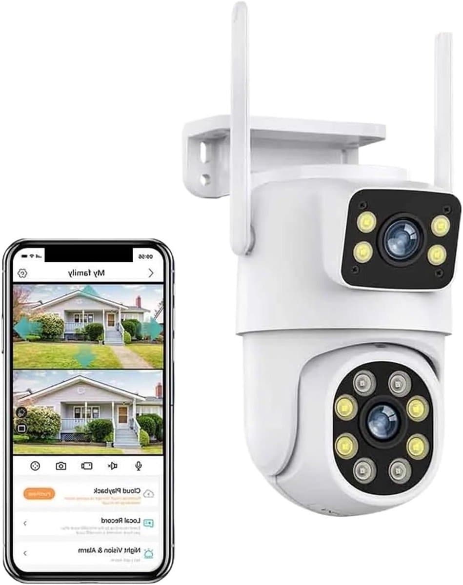 Beveiligingscamera Buiten - PTZ Camera - Huisbewaking - Dubbele Lens Dual Screen - 8MP - Wit