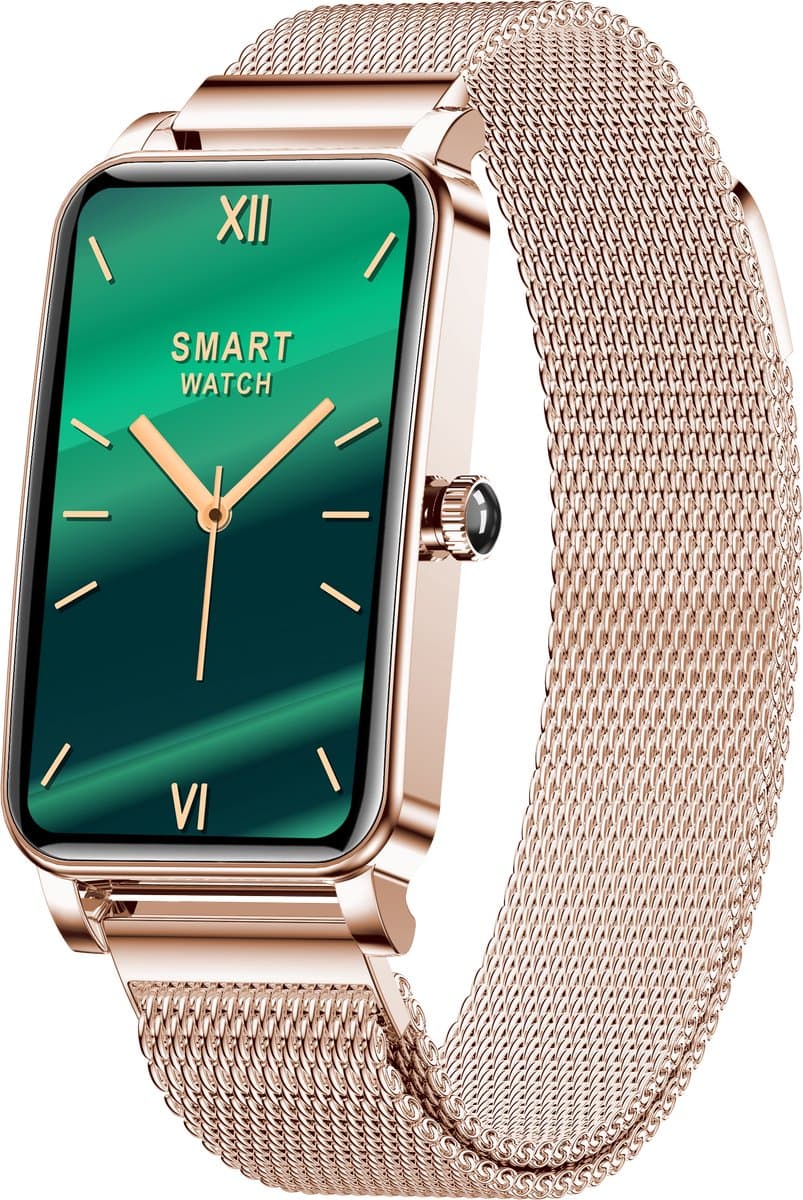 Knobbout Smartwatch met 1.45” (3,7 x 2,5 cm) HD Touchscreen – Hartslag, Bloeddruk, Zuurstofmeting – 12 Sportmodi – IP68 Waterdicht – Compatibel met Android & iOS - Rosegouden stalen band
