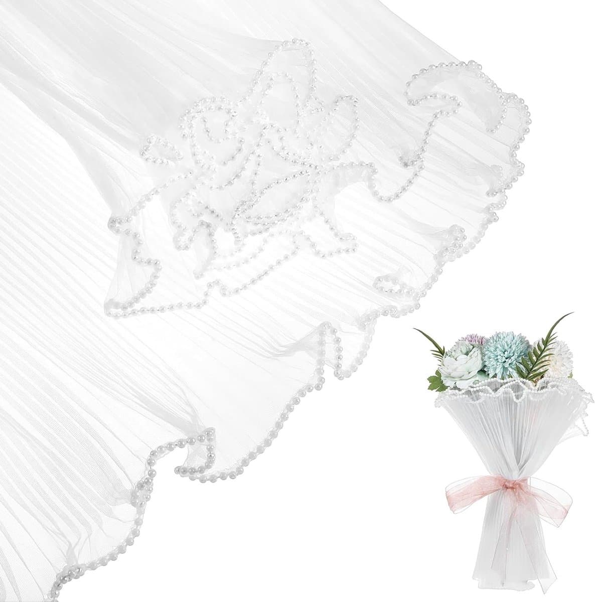 Witte Parelranden Bouquet Verpakking met Geplooid Kant Mesh Papier voor Bloemen, Bruiloften en Feestdagen (350x27cm)