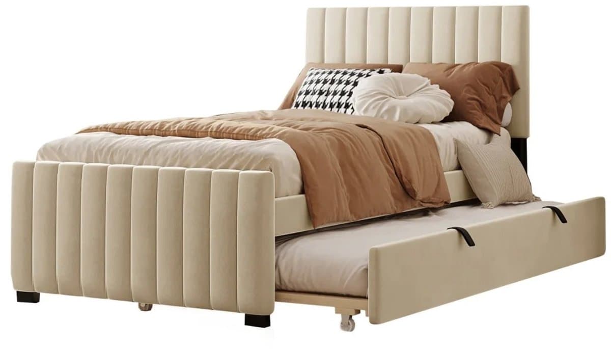 Norvia - Eenpersoonsbed - Bed - 90x190 CM - Uittrekbed - Geschikt Voor 2 Personen - Gestoffeerd - Fluweel - Kinderbed - Beige