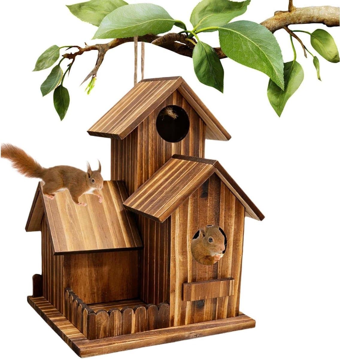 Eekhoorn voederhuisje - Voedersilo buiten - Dieren voeren - Drie vakken - 20 x 16 x 16 cm - Bruin