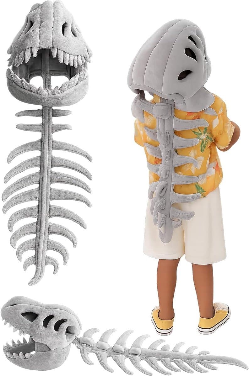 1 stuck - Dino Skelet Verkleedkleding – Pluche Dinosaurus Kostuum met Schedel Hoed – Halloween, Verjaardag & Rollenspel – M (120 cm),Grijs
