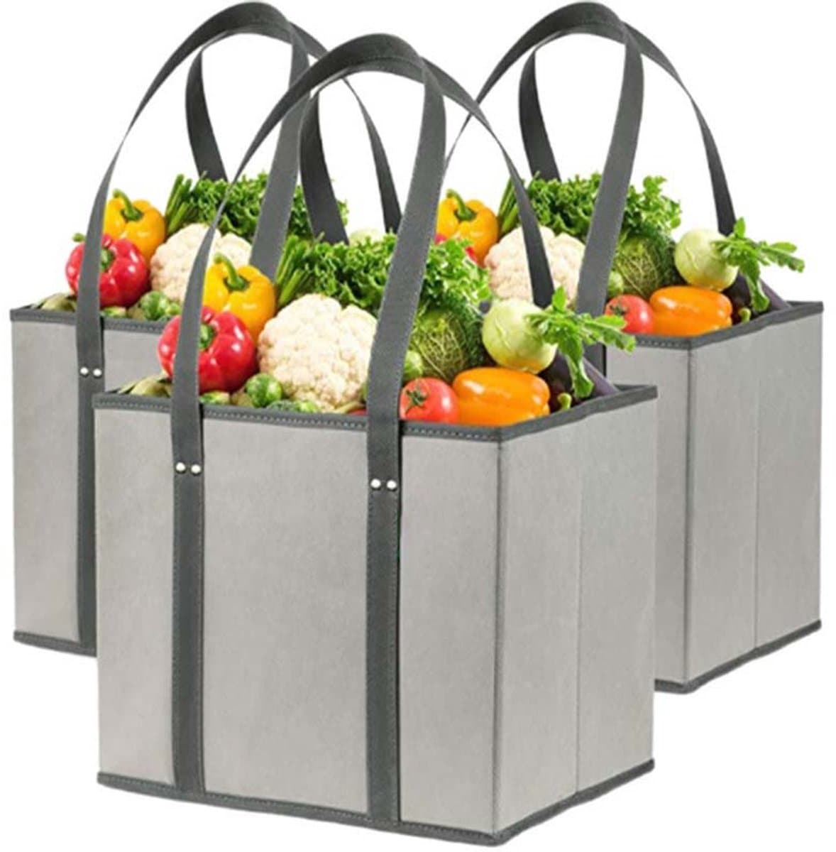 Herbruikbare Boodschappen Winkeltas - 3 Stuks - 33 × 25 × 28 CM - Large Opvouwbare Handtas - Voor Winkelen, Keuken, Auto Kofferbak, Picknick - Grijs