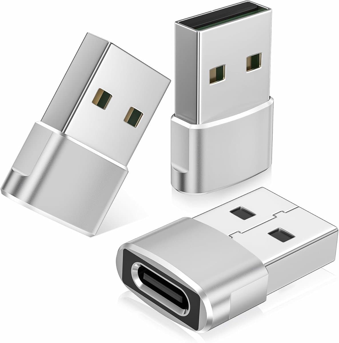 OLOEY USB naar USB C-adapter voor Apple iPhone 16 Pro Max-opladeradapter (3 stuks)-Type C-vrouwelijk naar USB A-mannelijk kabelconnector voor iPhone 15-14-13-12 en 11-zilver