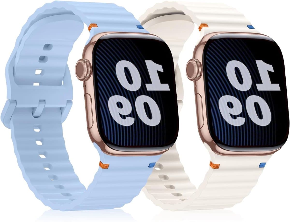 Sportieve Siliconen Horlogeband voor Apple Watch 42mm, 41mm, 40mm, 38mm - Set van 2 in Lichtblauw en Sterrenlicht, Geschikt voor Series 1 t/m 10