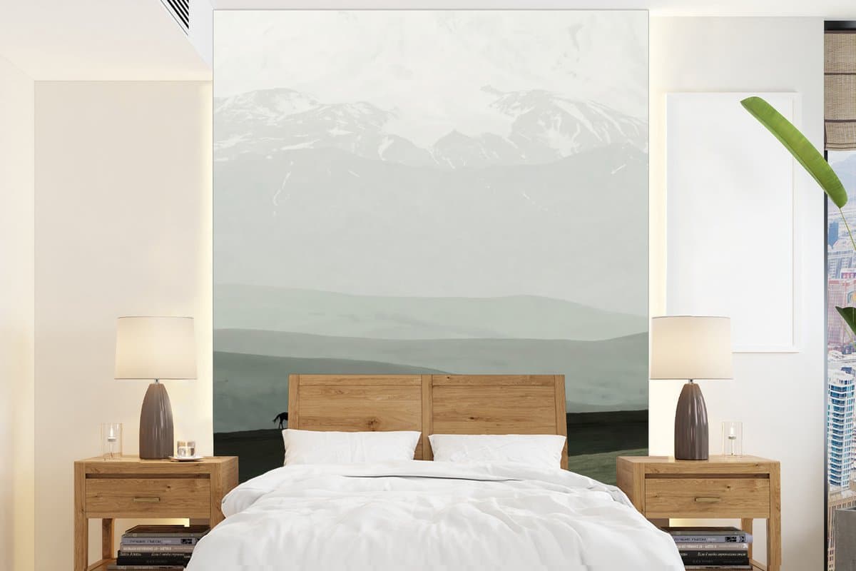 Behang - Fotobehang Grijs - Berg - Paarden - Breedte 175 cm x hoogte 240 cm