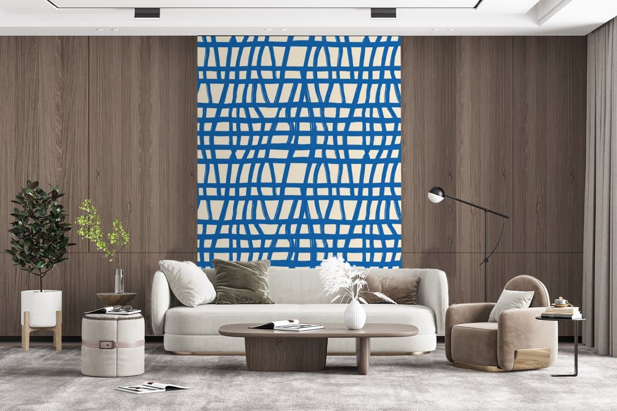 Behang - Fotobehang Ruitpatroon - Blauw - Crème - Breedte 180 cm x hoogte 280 cm