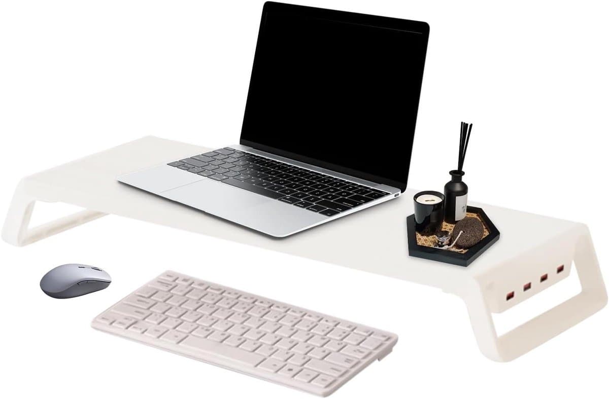 Monitor Verhoger - Bureau Organizer - Ergonomisch Werken - 4 USB Poorten - 50 x 20 x 7.5 cm - Wit