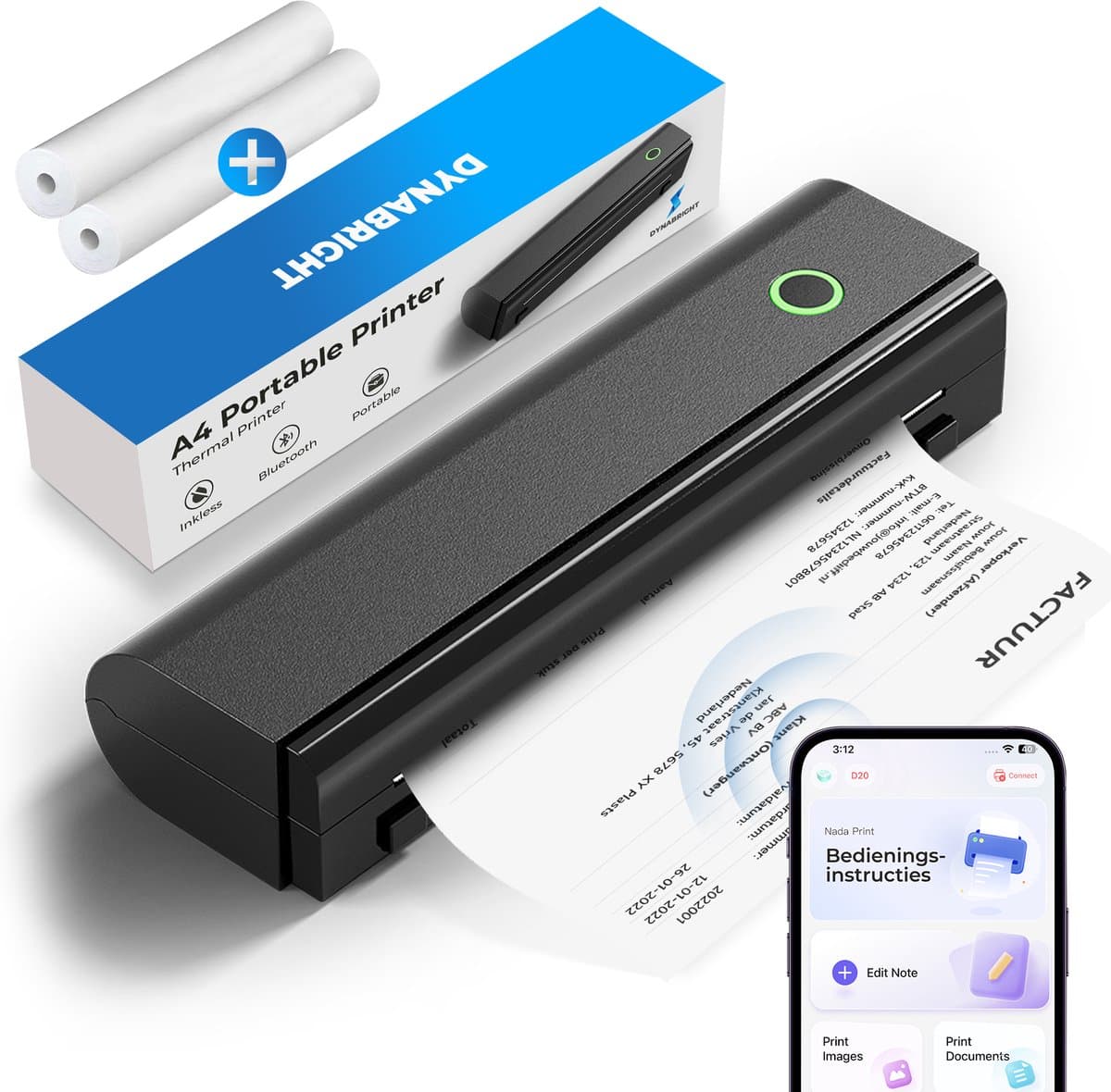 Dynabright Draadloze Thermische Printer - USB/USB-C - Bluetooth - Incl 2 rollen Papier - Draagbare Mini Printer voor Mobiel, Tablet en Laptop – A4 / US Letter - Thuis / School / Onderweg