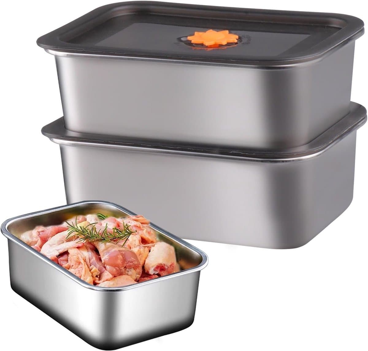 Set van 2 RVS Opbergdozen 4500 ml met Deksel, Vierkante Roestvrijstalen Bak voor Keuken en Vriezer