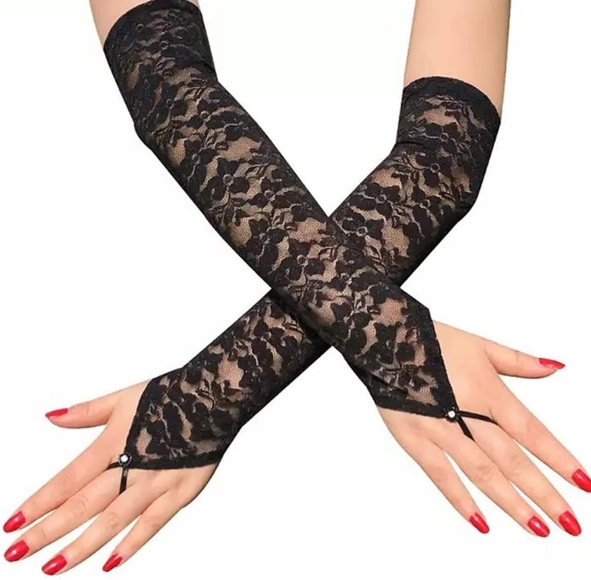 Vingerloze Kant Handschoenen voor Dames - Lange Mesh Handschoenen voor Bruiloft en Feestjes
