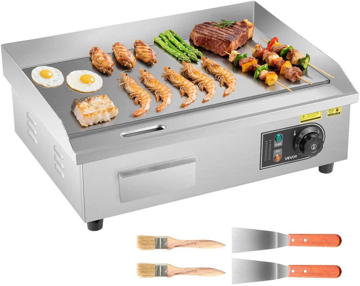 Velmio Elektrische Bakplaat - Teppanyaki Bakplaat - Grillplaat - Elektrische Grill - Grill apparaat RVS - 1600 W/3200 W - 50℃ tot 300℃ - Voor Professioneel en Thuisgebruik - Inclusief 2 Spatels & Kwastjes
