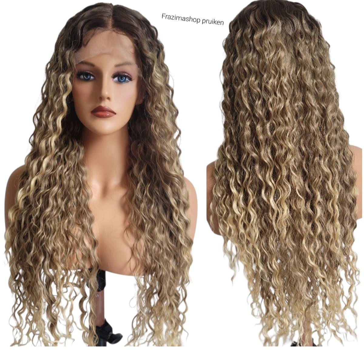 Frazimashop- T- Lace wigs- Lang Krullend pruik-Hittebestendig- Pruik lang haar – Dames pruiken- water diep golf haar- Haarstuk- 81 cm mix kleur 4/27/613