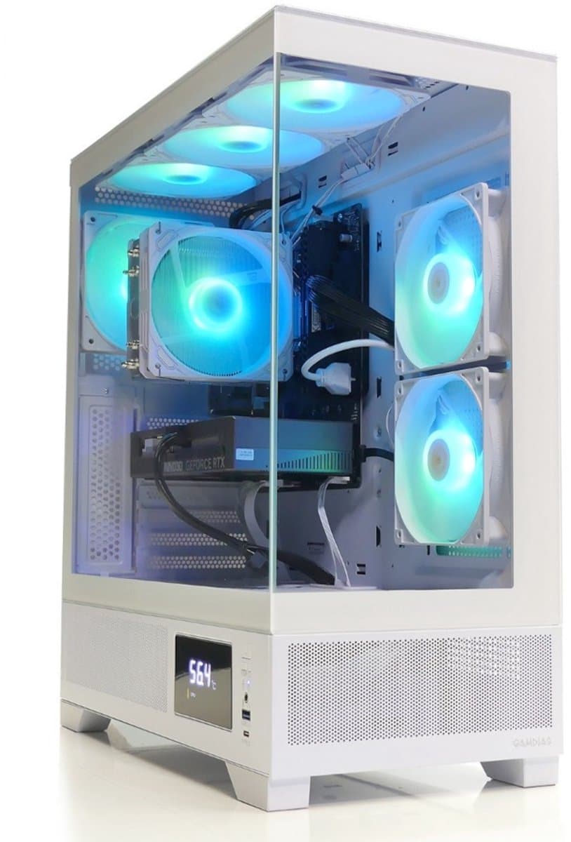 AMD Ryzen 5 5500 RGB Game PC met Temperatuur Display - RTX 5050 8GB - 16GB RAM - 500GB SSD - WIFI - Gamdias Atlas M1 White Aquarium Case