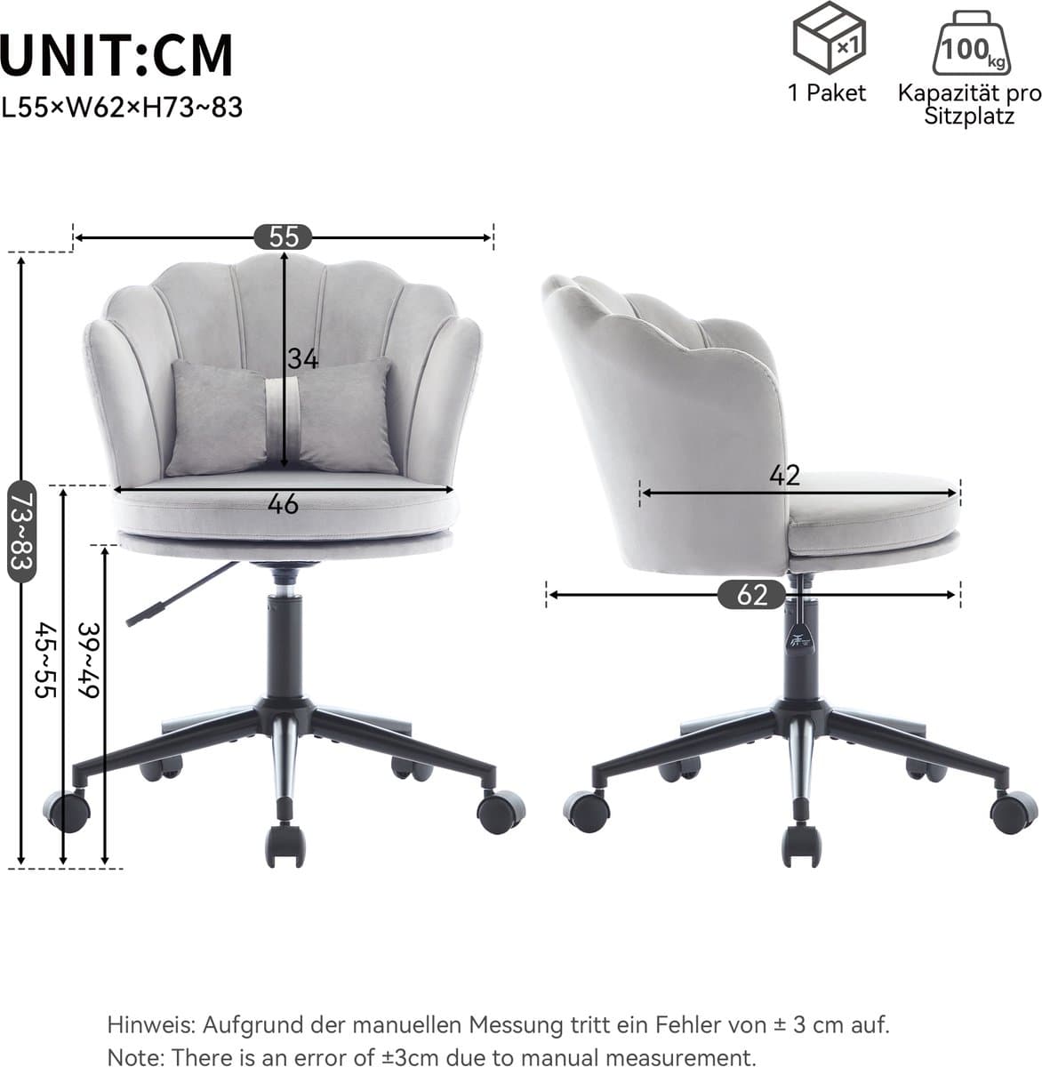 MODENUIT Bureaustoel 55 x 62 x 73-83 cm - Verstelbare Zithoogte en Draaibaar - Voor Bureau en Kaptafel - Fluweel Grijs