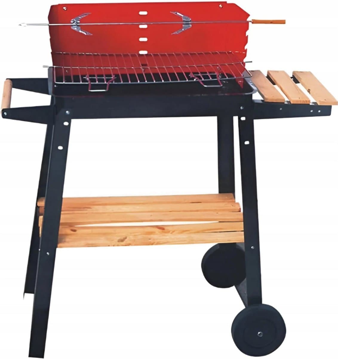 Boxer Houtskool Barbecue op Wielen – Verstelbaar Rooster & Houten Legplanken - Verrijdbare BBQ
