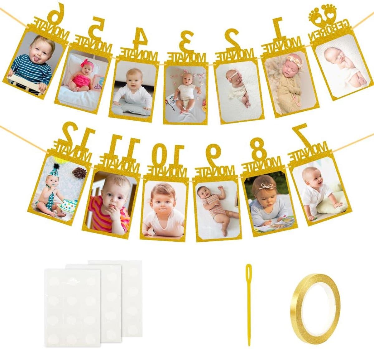 Verjaardag Foto Banner - Mijlpaal Banner Baby - Babygroei Tonen - 12 Maanden Kaarten - 17cm x 12cm - Goud