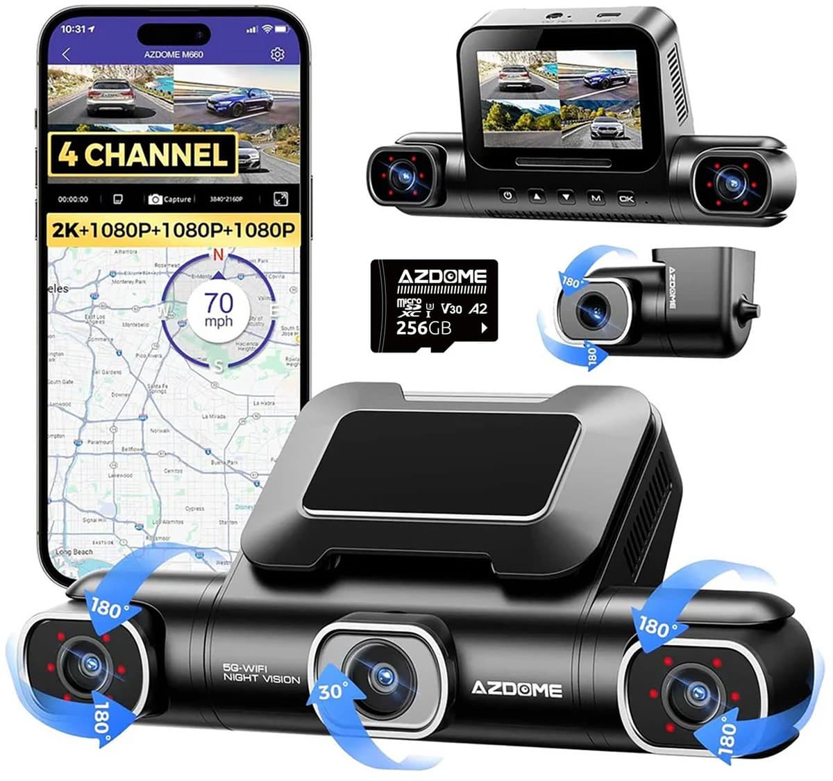 AZDOME M660 2K 4CH 360° Dash Cam - 4 Camera's (voor + achter + links + rechts), Geheugenkaart 128GB + 64GB, GPS, 5G WiFi, 3" Touchscreen, G-Sensor & IR Nachtzicht - Professionele Auto Beveiliging - Haarscherpe Nachtzicht - Dashcam Auto 2026 Model