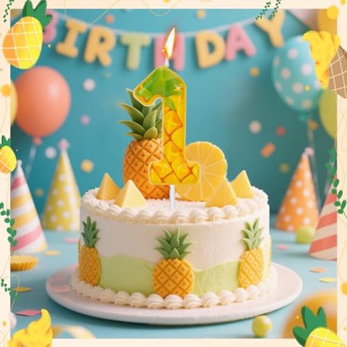 Ananas verjaardagsnummerkaars, gele fruitthema wasnummerkaars voor verjaardagsfeestdecoratie, jubileumvieringstaartdecoratie (1)