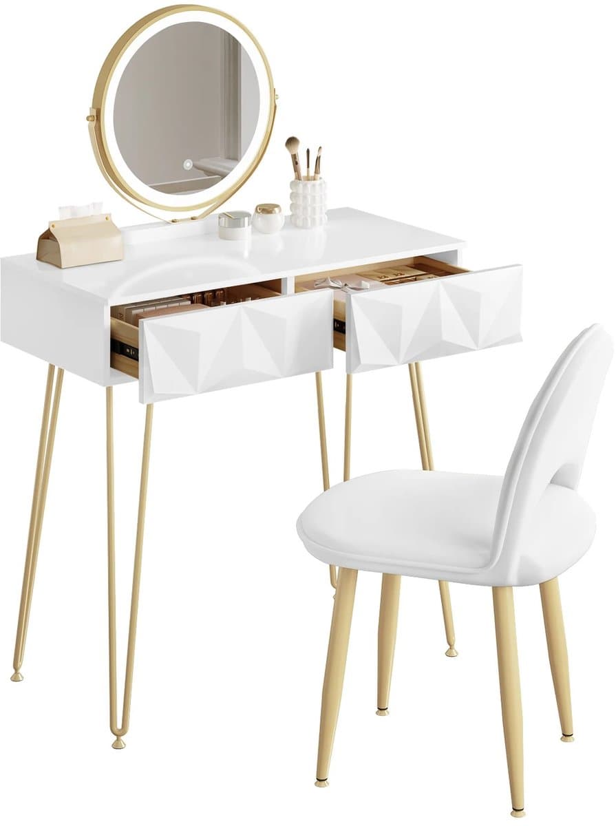 Velmio Kaptafel Set - Makeup Tafel - Met Spiegel en Verlichting - 80 x 123 x 40 cm - Incl Stoel - 3 LED Lichtkleuren - 2 Lades - Wit