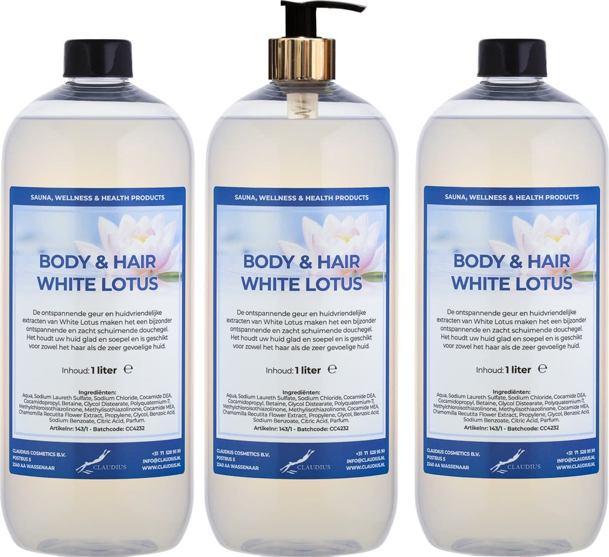 Body & Hair White Lotus 1 liter met gouden pomp - set van 3 stuks - 2 in 1 voor lichaam en haar - voordeelverpakking