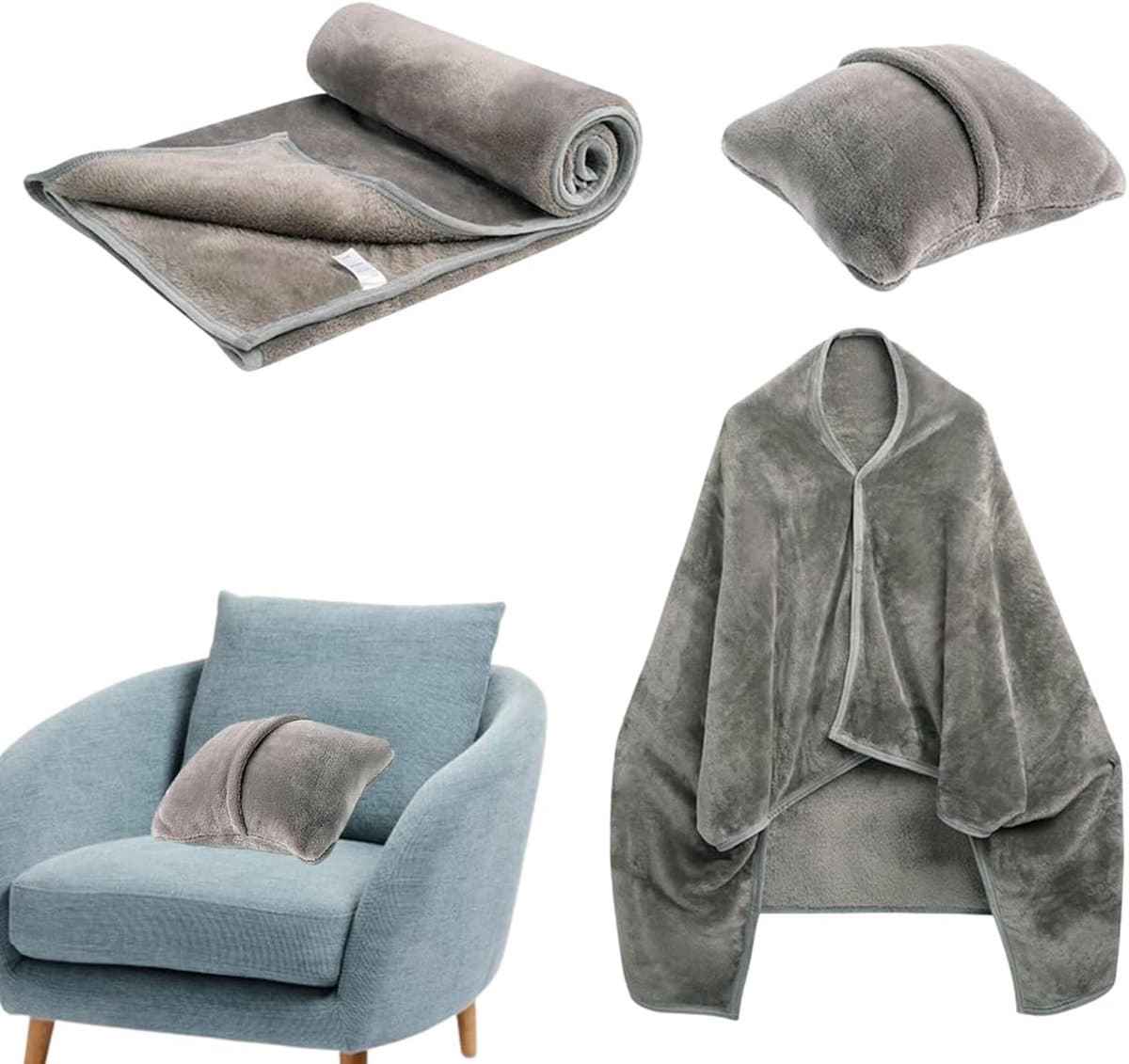 Reisdeken Set - Pillow Combo - Comfortabel Reizen - Dubbele Texturen - 127x152 cm - Grijs