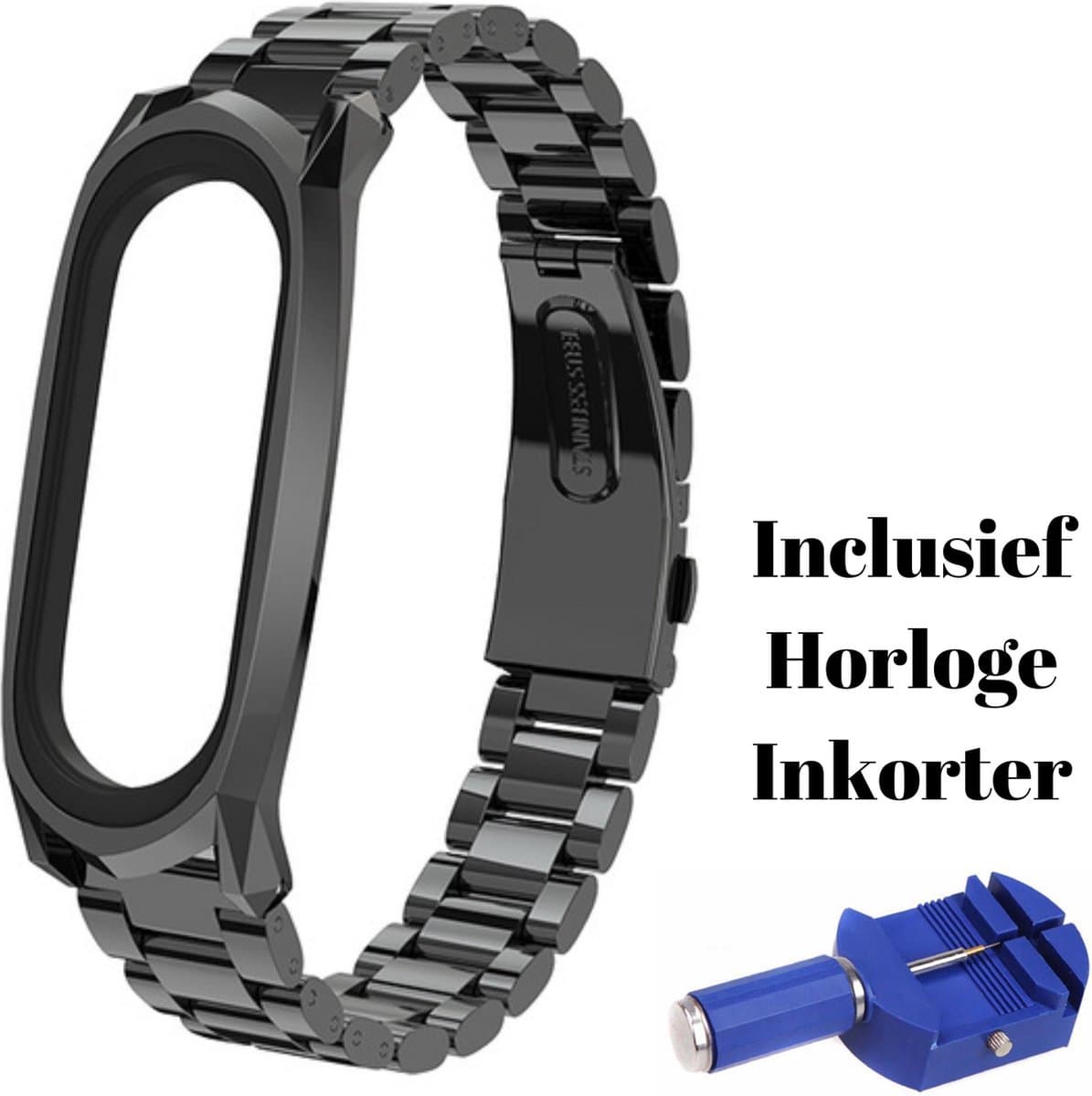 KELERINO. Metalen Schakel Bandje geschikt voor Xiaomi Mi Band 3 / 4 - Met Inkorter - Zwart