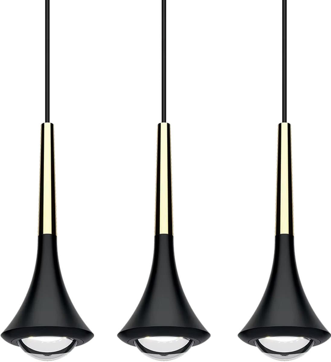 Lumiasfer - Set van 3 Pendellamp 'Bolinus' - slanke LED hanglamp met bolle lens - mat zwart/goud - 5W - warm wit licht (3000K) - voor horeca, hotel, thuis, praktijk