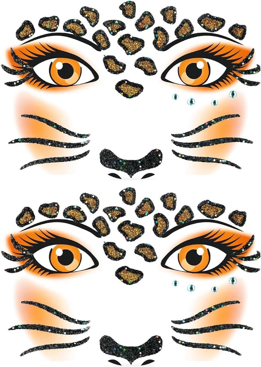 2 stuks luipaard-tatoeages, herbruikbaar, luipaard, make-up, gezichtstatoeage, Halloween, unieke stijl voor Halloween, cosplay, podiums, make-up, muziek, festival