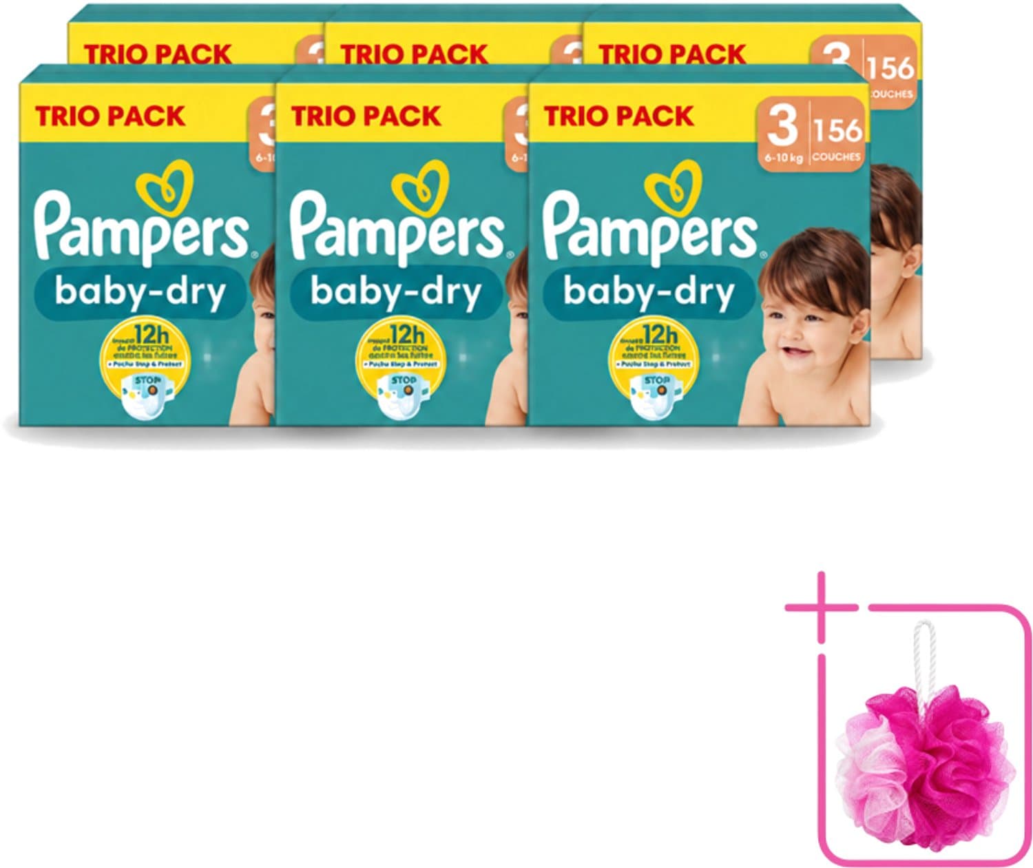 6 x Pampers – Luiers – Baby-Dry Trio Pack Maat 3 (6-10 kg) – 156 Luiers - Bulkverpakking - Baby luiers - Douchemop - Droge luiers