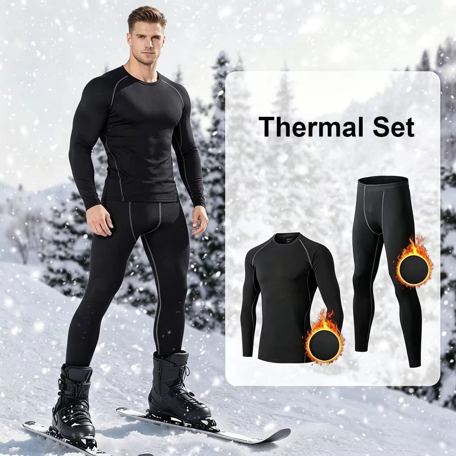 Thermo Ondergoed Heren 2-Delig – Thermische Onderkleding met Ronde Hals - Warme Basislaag, Winterondergoed en Comfortabele Thermoset voor Herfst en Winter - Zwart - Maat 2XL