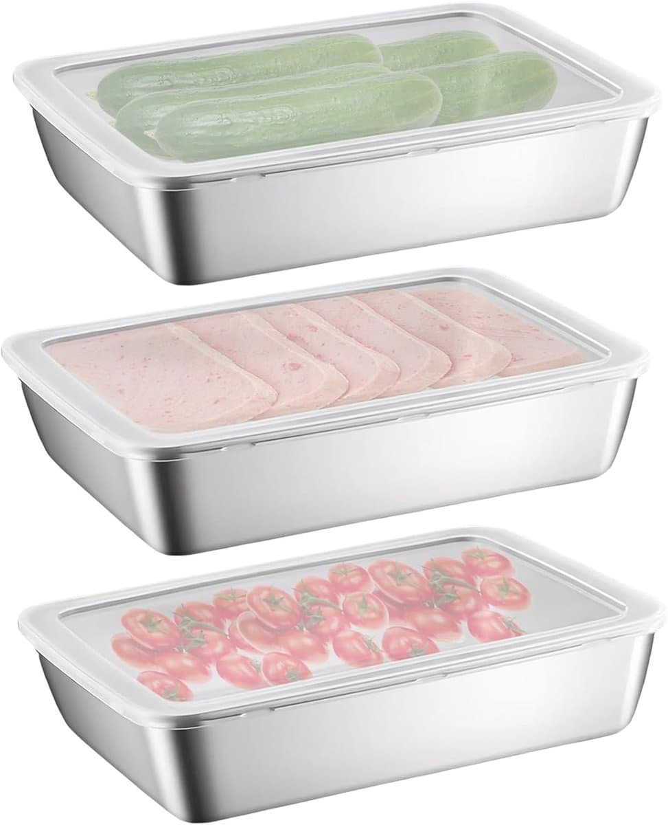 3-delige RVS Maaltijddoos met Luchtdichte Deksel - Ideaal voor Vlees, Groenten en Salades - Perfect voor Koelkast en Opbergen