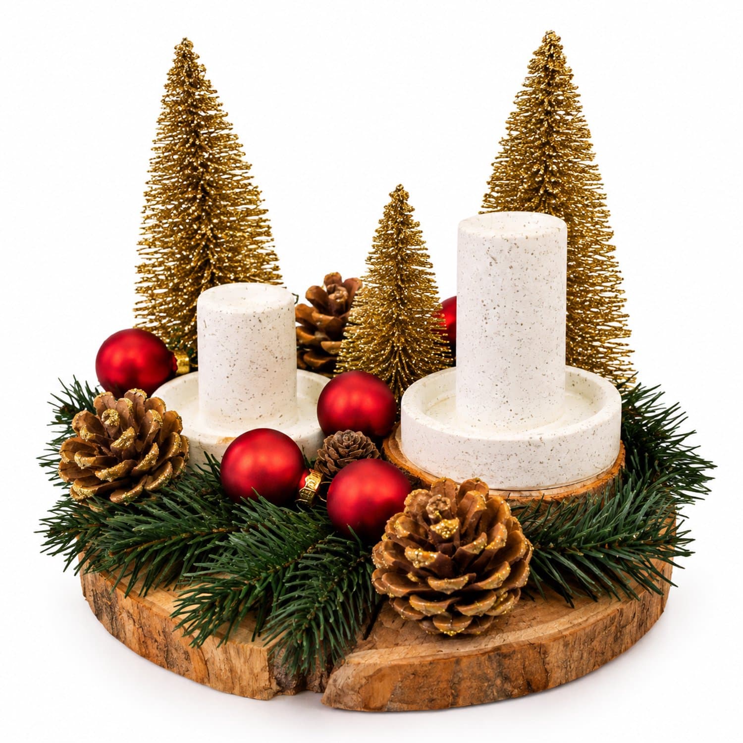 Handgemaakt Kerststuk op Boomschijf – incl. 2 Kaarsen – Gouden Kerstboompjes, Dennenappels & Rode Kerstballen – Ø 20 cm