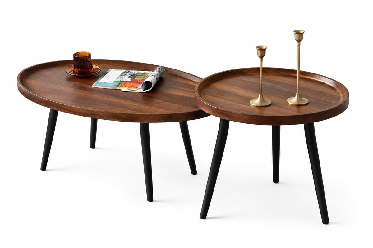 Luxevo Salontafel Set - 2 Stuks - Rond en Ovaal - Scandinavisch Design - Houten Blad & Metalen Frame - Bruin
