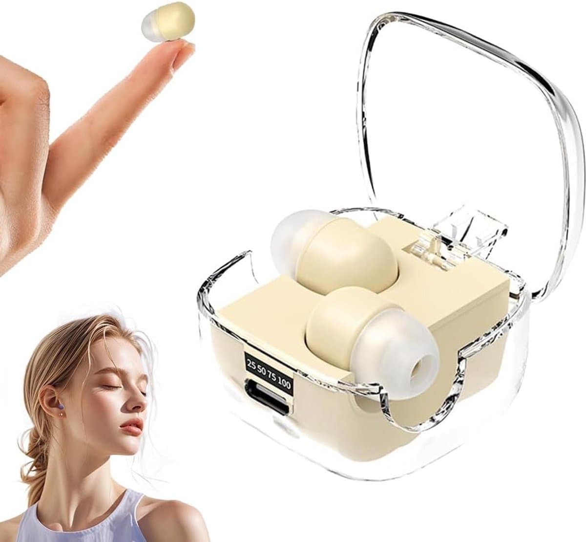 Draadloze Hoofdtelefoon voor Slaap, Onzichtbare Bluetooth Oordopjes in beige, Comfortabele Slaap Earbuds en Mini Micro Bluetooth Hoofdtelefoon voor Kleine Oren