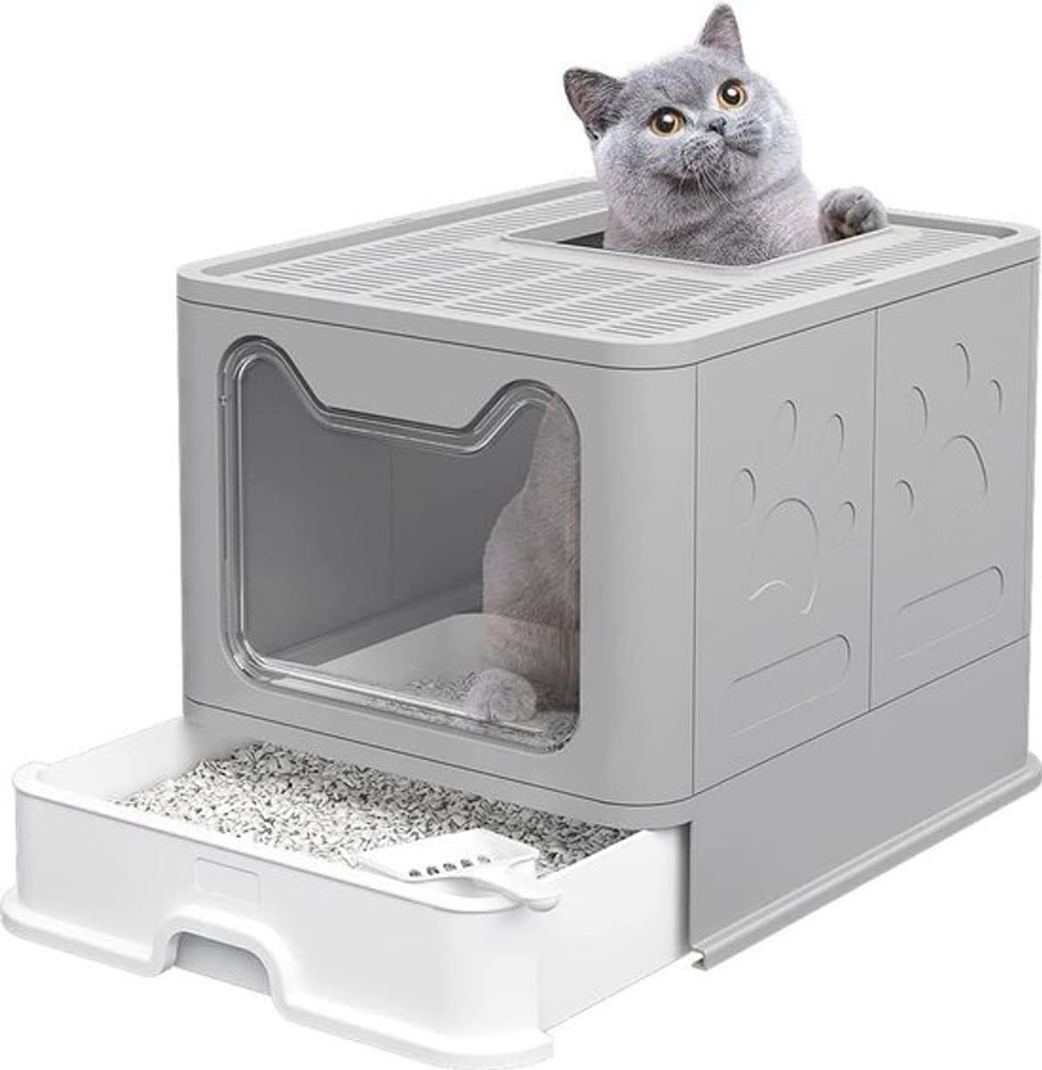 Kattenbak met Deksel en Uittrekbaar Tablet voor Tot 15 kg Katten - Ruimtebesparend en Lekvrij