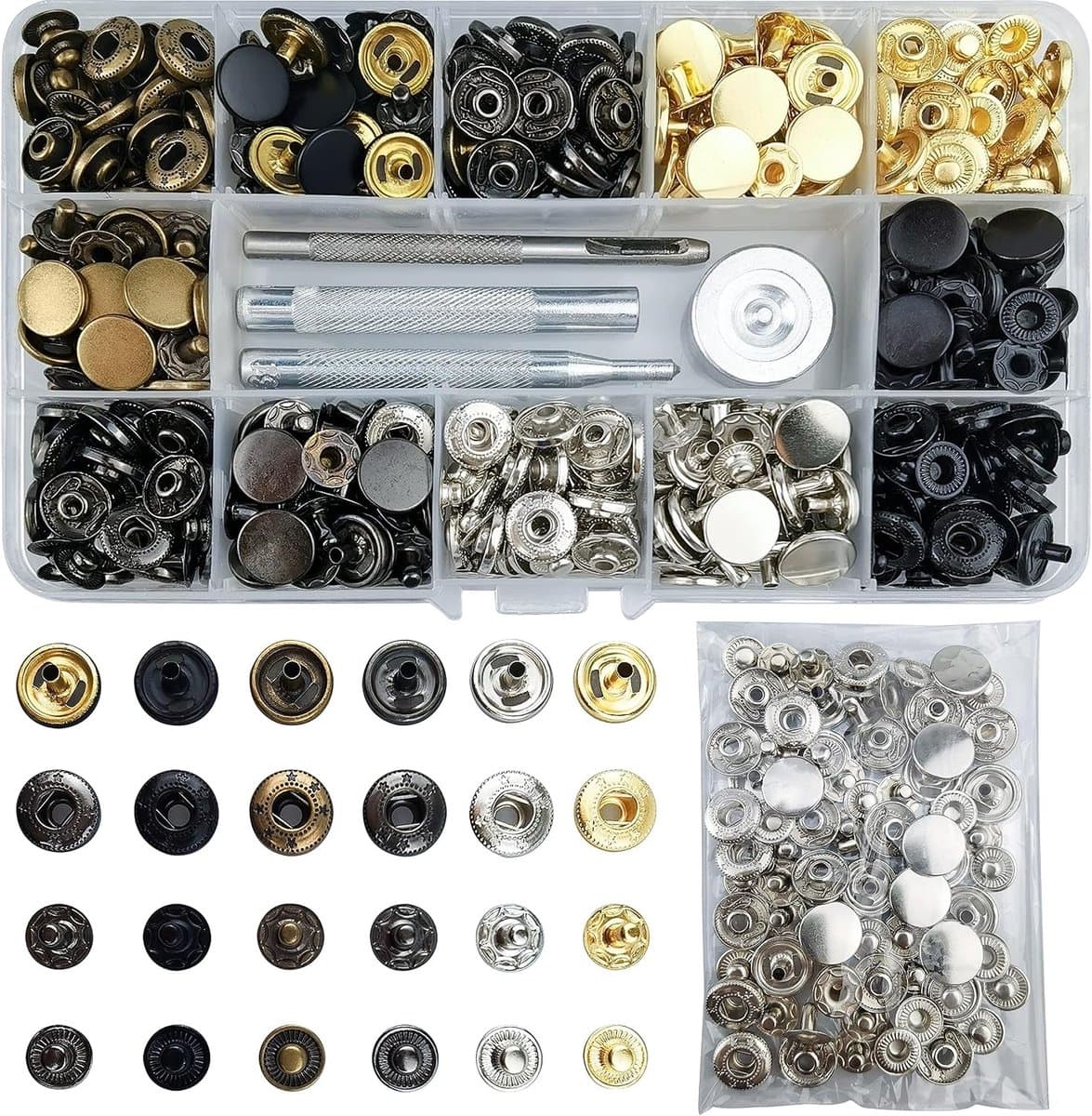 Drukknopen set - Metaalkleurig - 12,5 mm - Met Montagegereedschap - Voor Leer en Middeldikke Stoffen